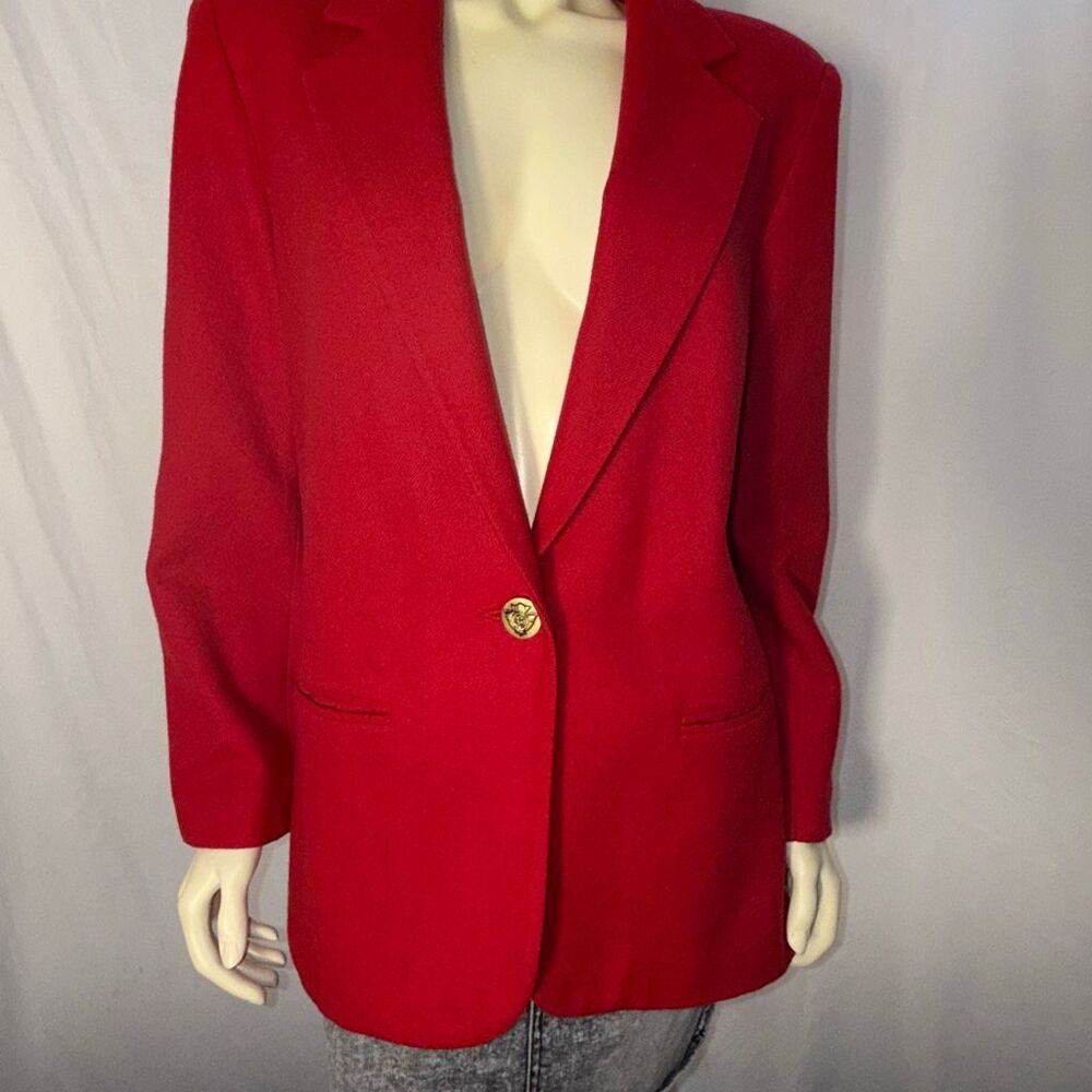 Vintage 90s Sag Harbor Red Wool Blazer Women’s 14 | Single Button Gold Crest | E